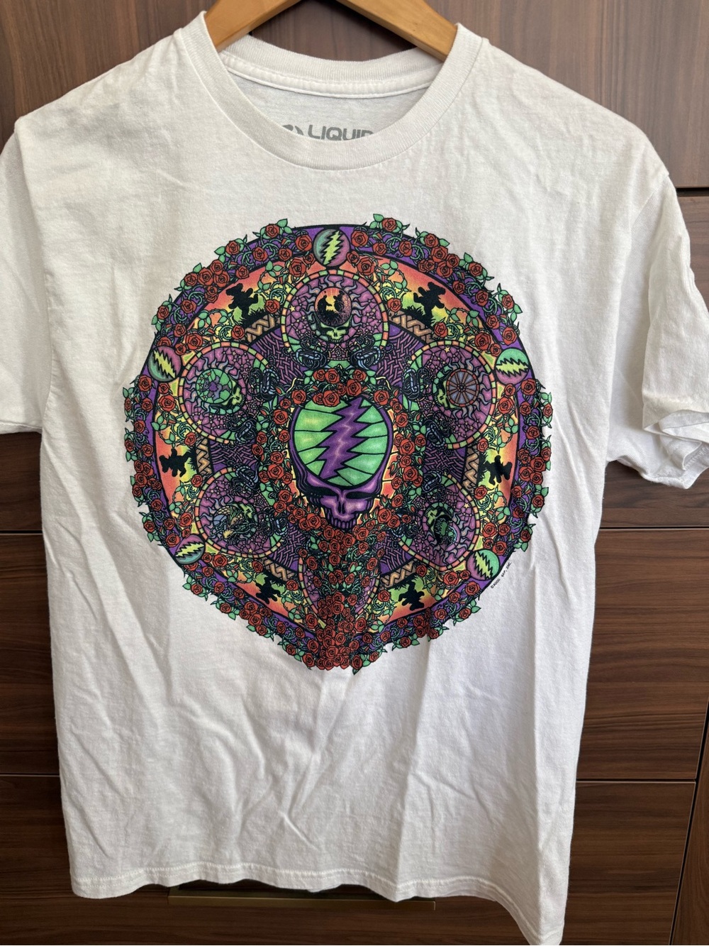 Liquid Blue Grateful Dead White Tee with Multicolor Psychedelic Skull Mandala